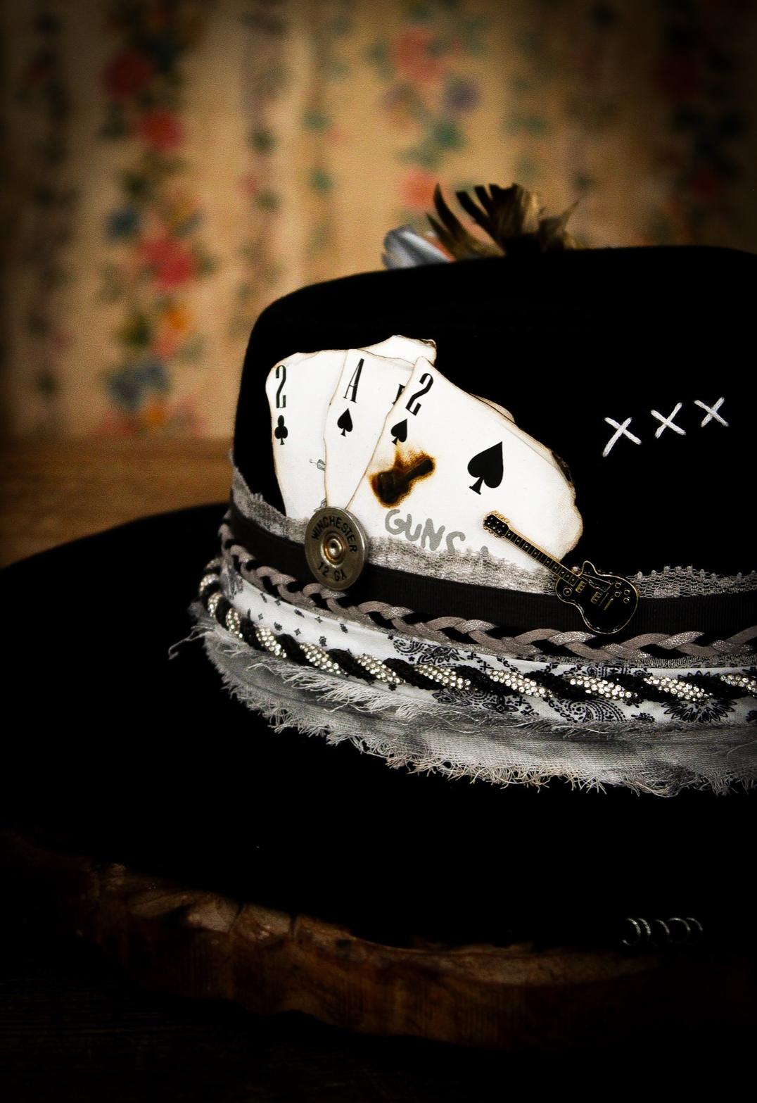 Custom black hat with playing cards from Flea Style